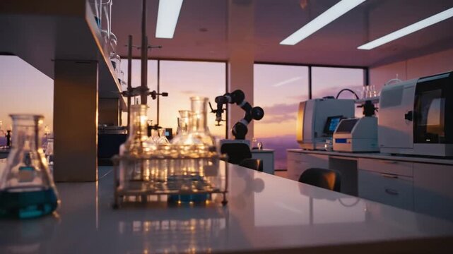 Sunset Laboratory Scene In Modern Chemistry Lab With Glassware.