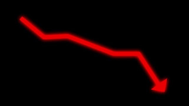 Red glowing arrow showing a decreasing business trend line on black background.