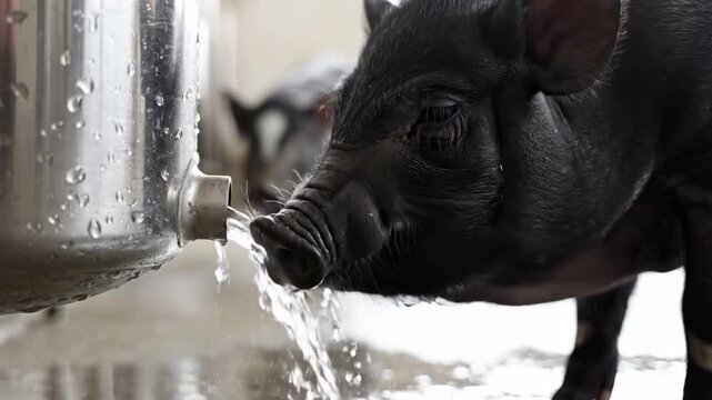 Close up view of miniature black piglet drinking fresh water from automatic metal dispenser. Young farm animal quenching thirst.