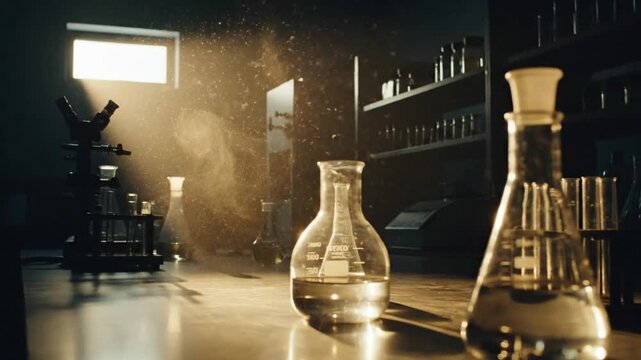 Warm Lab Glassware On Dimly Lit Bar Counter Video Sequence.