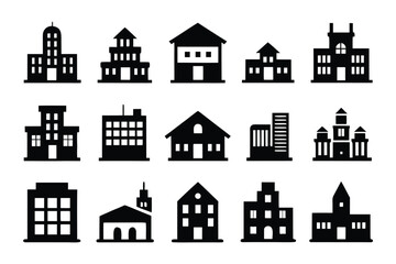 Fototapeta premium Set of minimalist building icons and architectural silhouettes for city skyline and urban planning design