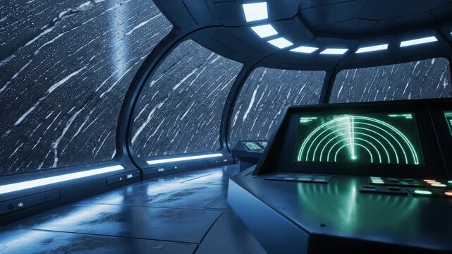 Futuristic spaceship cockpit view through windows showing intense rain or atmospheric disturbance outside with glowing radar screen on control console indicating active navigation during storm.