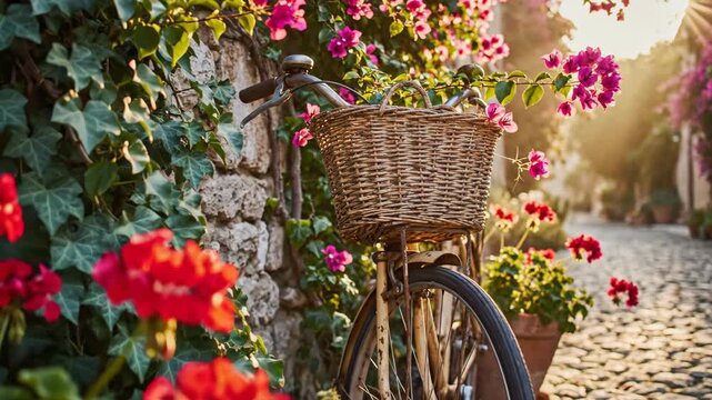 Vintage bicycle with front basket on cobblestone street. Bougainvillea and geraniums adorn stone wall. Golden hour light on village alley.