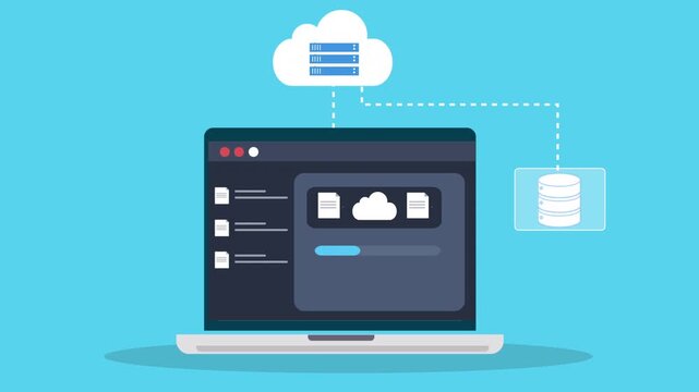 Laptop displaying cloud storage interface with database transfer process, representing data migration, online storage workflow, and digital technology systems.

