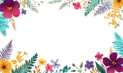 Obraz premium Watercolor vibrant floral frame with diverse colorful blossoms and stylized leaves, botanical artwork on transparent background, ideal for decorative borders, invitations, or digital projects