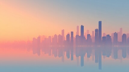Obraz premium Minimal modern city skyline reflected on water at sunset 