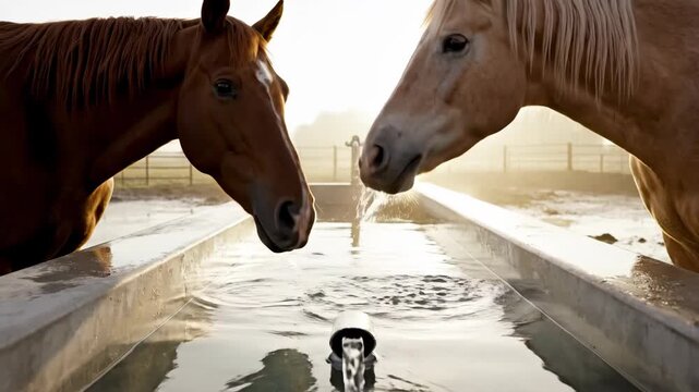 Two horses drinking water from concrete trough, close-up of heads, golden hour light, peaceful farm scene, rural animal life