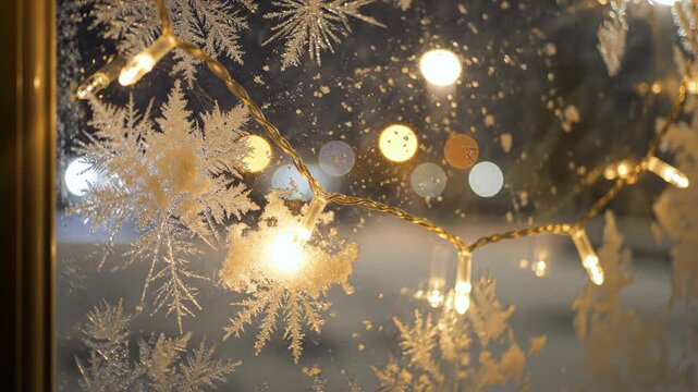 Window pane covered in delicate ice crystals and frost patterns illuminated by warm glow of decorative string lights, festive winter holiday night scene.