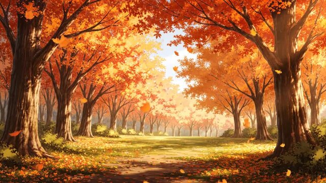 A serene anime-style japanese landscape with trees in vibrant autumn style leaves.