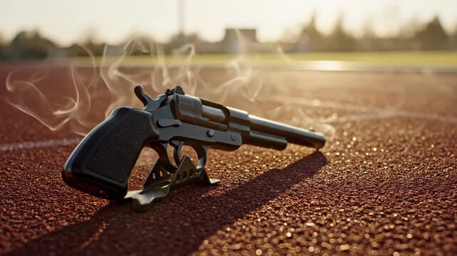 Starter pistol on track surface, smoke from barrel, signal for athletic event, competition beginning, race start, sporting contest signal