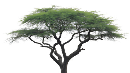 Obraz premium Majestic acacia tree with lush green foliage, standing tall against a pristine white background, showcasing its intricate branches and verdant leaves, isolated image