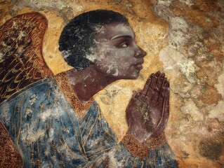 Naklejka premium Dark-skinned angel praying, profile view, religious fresco art