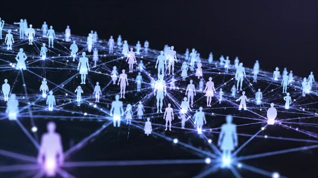Digital network of people silhouettes forming complex social web with glowing connections representing global communication and data exchange