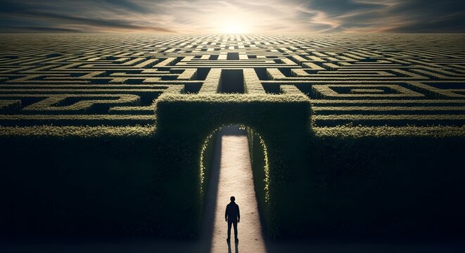Person standing in front of giant maze entrance, problem solving and challenge concept