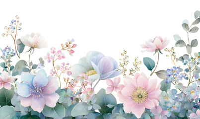 Fototapeta premium Watercolor floral border with delicate pastel flowers and eucalyptus leaves, soft pink, blue, and lavender blooms in elegant arrangement, transparent background, design element