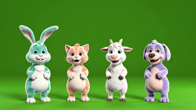 A colorful group of cartoon animals dancing together in a video