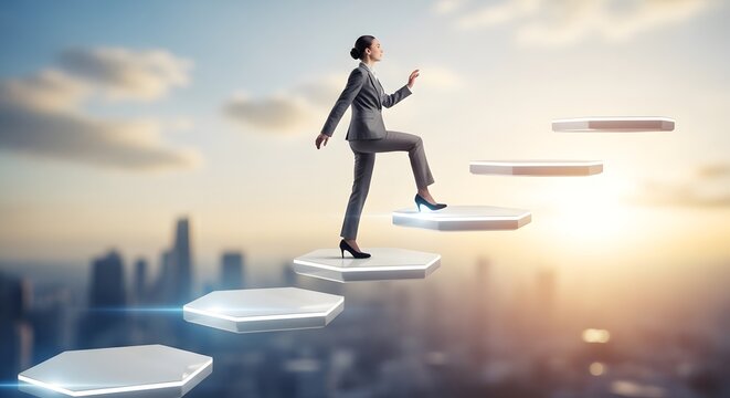Businesswoman stepping onto upward floating platforms, career advancement concept