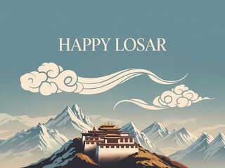 Losar celebration with tibetan monastery on snowy mountain peak