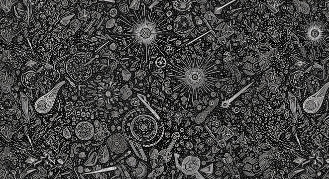 intricate abstract patterns dense cosmic geometric and organic symbols on dark background for scientific mystical themes.