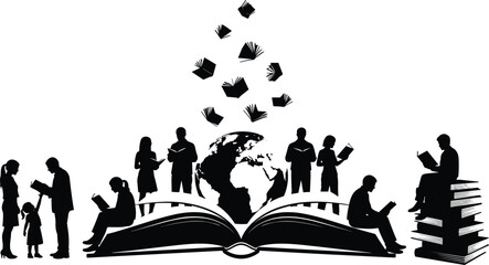 Global education concept, reading silhouette, open book design, knowledge spread, lifelong learning, literacy artwork, flat vector illustration, worldwide learning symbol