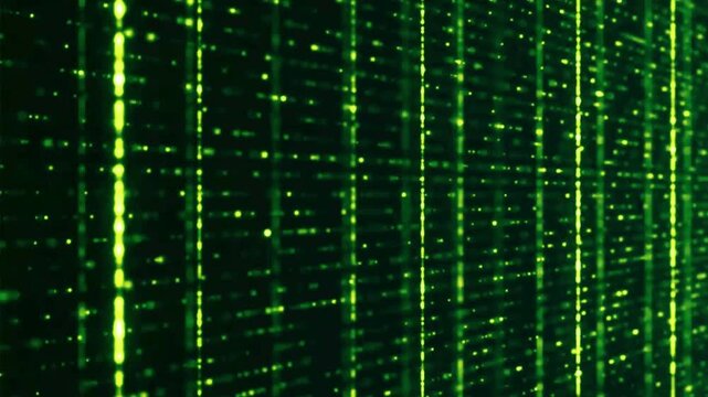 A futuristic digital matrix design featuring a green binary code pattern on an abstract tech backdrop for a modern data information wallpaper illustration