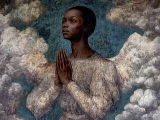 Naklejka premium Black angel figure praying, hands clasped, religious art style