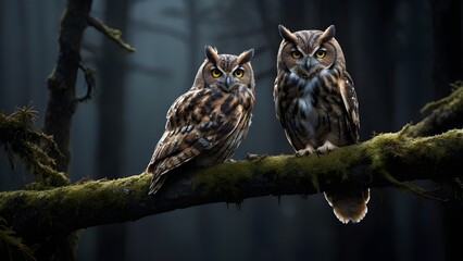 Obraz premium Hyper-Realistic Owl with Glowing Amber Eyes in Moonlit Forest