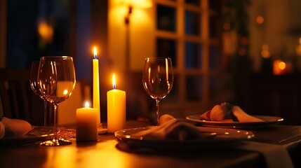 romantic candlelight dinner table setting with wine glasses and warm bokeh