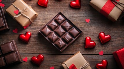 valentines day chocolate gift flat lay with red hearts on rustic wooden background