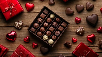 valentines day chocolate gift flat lay with red hearts on rustic wooden background