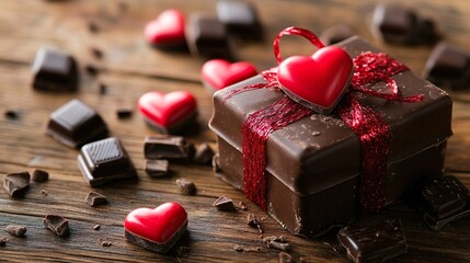valentines day chocolate gift boxes with red hearts on rustic wooden background