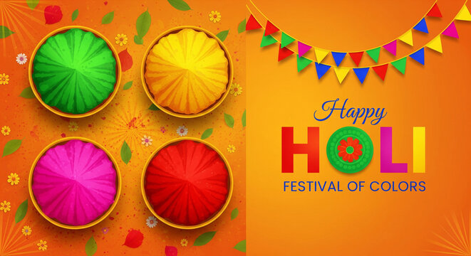 happy holi festival background design with abir, pichkari, color splash.