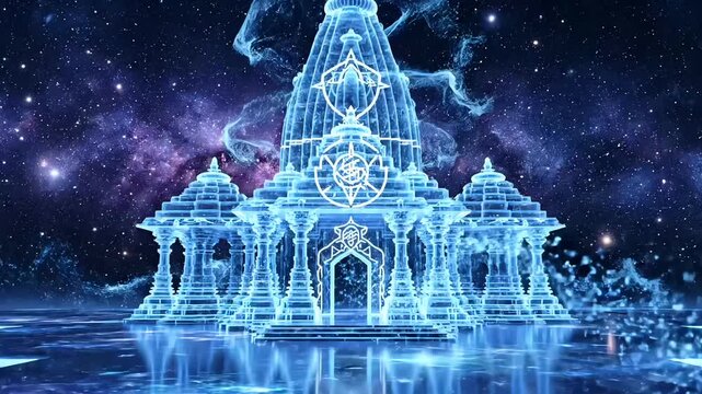 Divine motion view of Ram temple forming in cosmic space with flowing light sacred energy spiritual faith and Ram Navami festival atmosphere