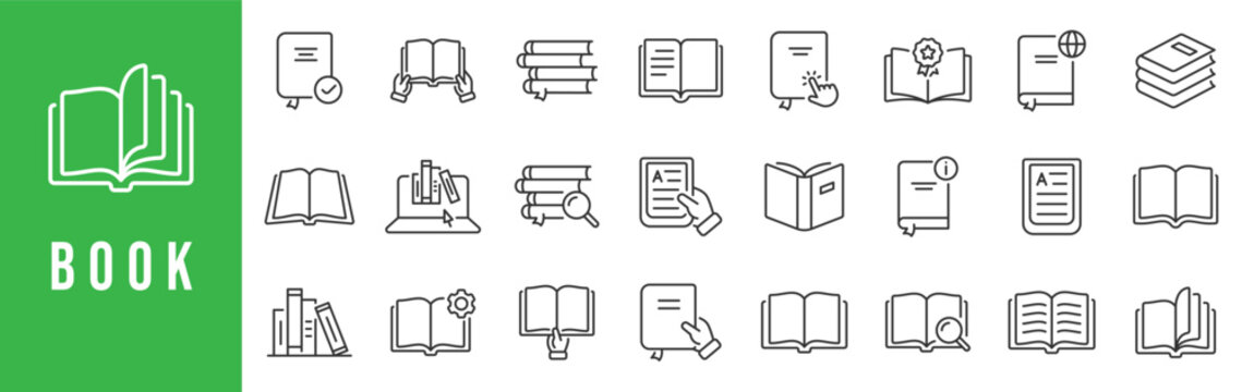 Outline book icon set featuring reading, learning, documentation, and knowledge concepts,