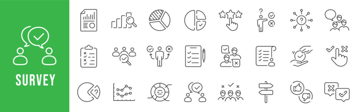Survey icon set designed for questionnaires, feedback collection, polls, ratings, and user research.