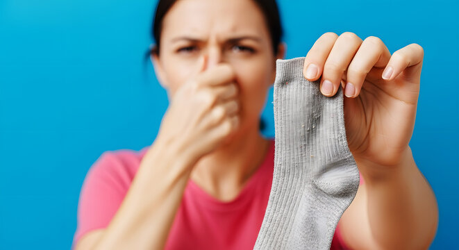 Woman pinching nose holding smelly gray sock against blue background odor hand
