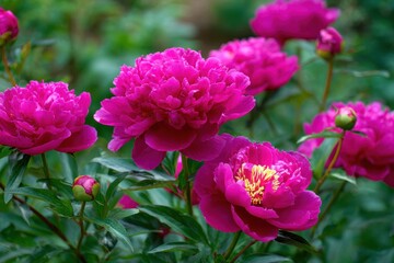 Obraz premium Vibrant pink peonies in bloom showcasing diverse shapes and sizes, featuring bright yellow stamens against lush green leaves with buds ready to open, perfect for floral enthusiasts and decorators