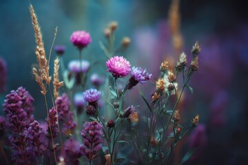 Obraz premium Scenic floral field with vibrant pink and purple blooms amidst soft green foliage, featuring a dreamy blue and purple background that evokes tranquility and romance