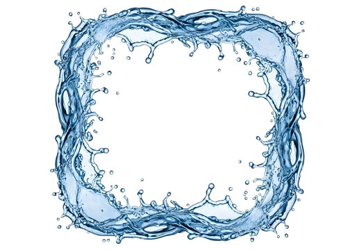 Splashing blue water forming a square frame isolated on transparent background