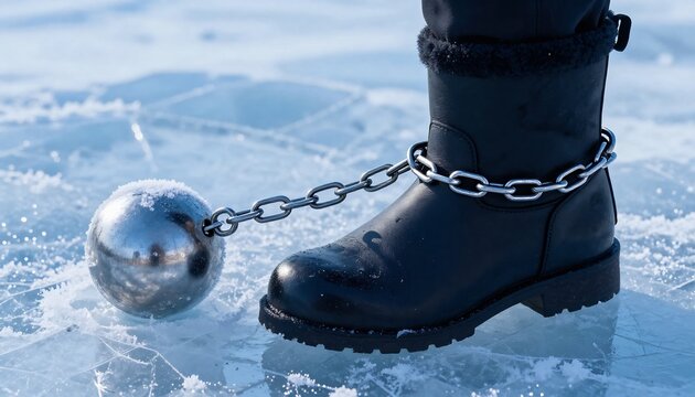 Black boots with foot shackles rest on snow-covered ice, symbolizing struggle and restriction in harsh winter conditions.