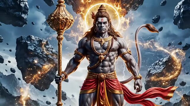 Animated Lord Hanuman warrior form with glowing aura and flying rocks showing divine power spiritual Hanuman Jayanti celebration motion video footage