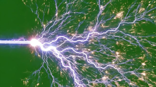 Bright blue electrical arc flashes and branches across a dark green background with sparks