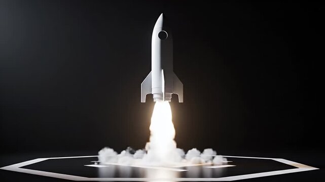 A white rocket launches with bright exhaust and smoke on a dark launchpad