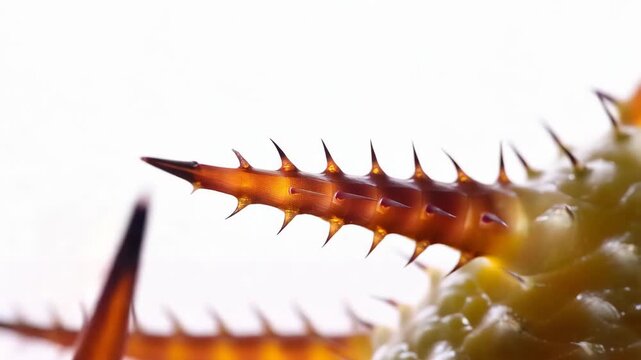 Extreme close up of a spiky plant with translucent thorns and yellow flower bud macro nature botanical