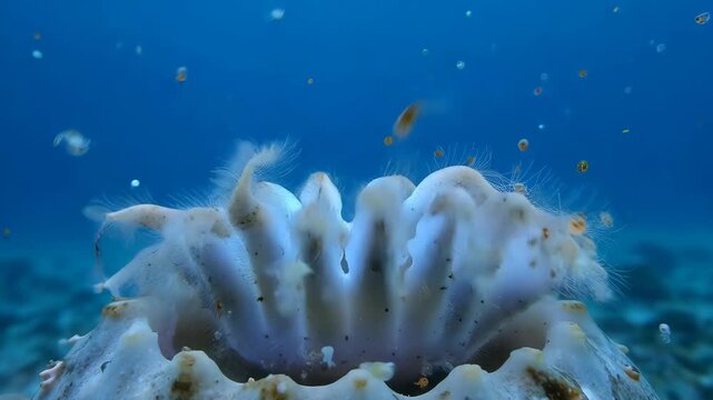 Fascinating underwater view of ascidian colony with jellyfish plankton in clear blue ocean water column