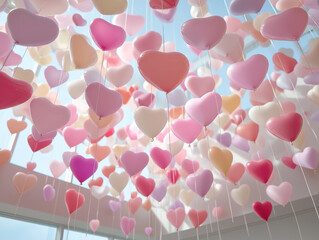 青空に飛んでいくたくさんのハート形の赤やピンクの風船
