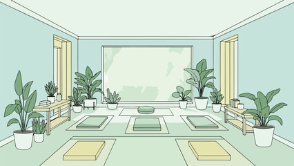 A serene yoga room illustration with plants, mats, and soft lighting © Boy