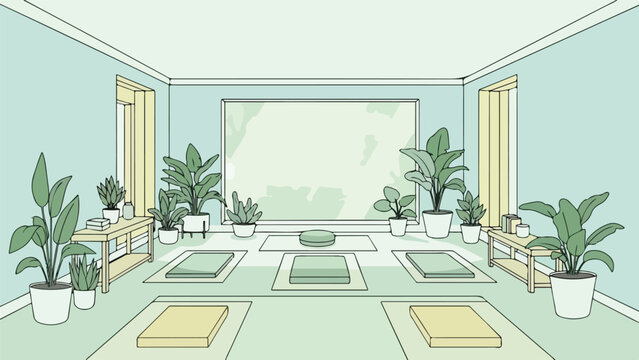 A serene yoga room illustration with plants, mats, and soft lighting