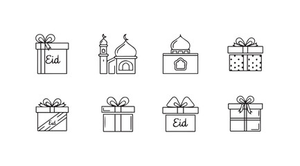 Eid Gifts & Mosques Line Icons Set - Islamic Holiday Celebration Symbols