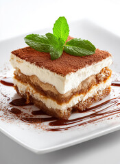 tiramisu portion, classic italian dessert, isolated on white background 